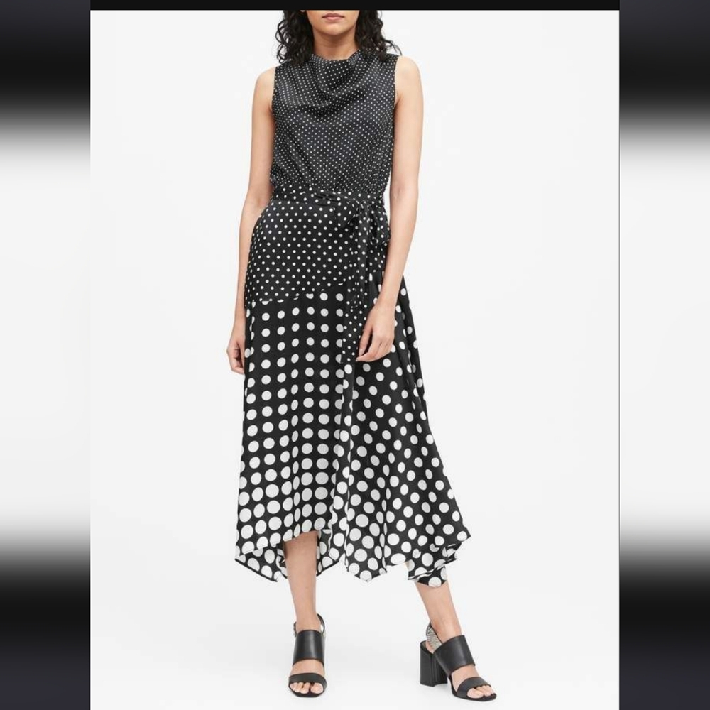 Banana Republic Cowl Neck Sleeveless Polka Dot Midi Dress